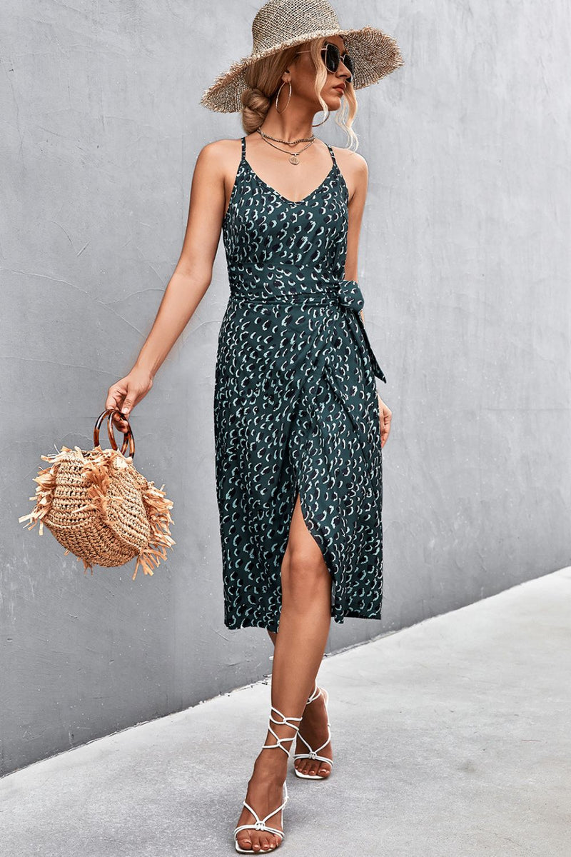 Printed Spaghetti Strap Tied Wrap Dress – Country Club Prep